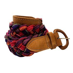 Vtg Guatemalan Woven Fabric Belt Sz M Tribal Southwestern Leather Buckel Ethnic
